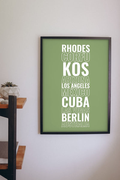 Lifestyle - Personalised Travel Destination Print hanging on a living room wall