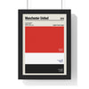Manchester United colour swatch print in a black frame with red, white and black club colours and Old Trafford details