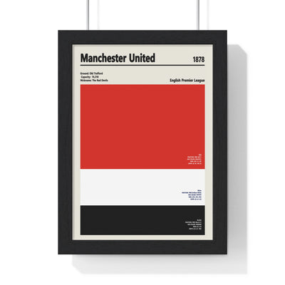 Manchester United colour swatch print in a black frame with red, white and black club colours and Old Trafford details