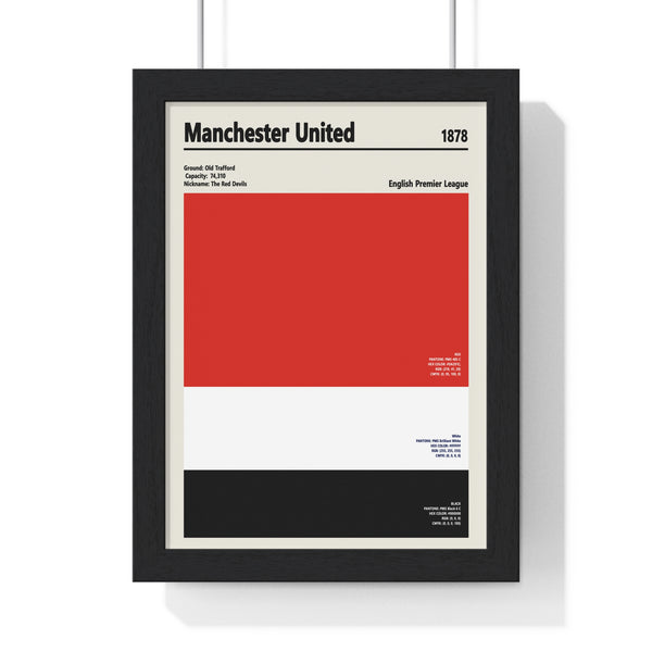 Manchester United colour swatch print in a black frame with red, white and black club colours and Old Trafford details
