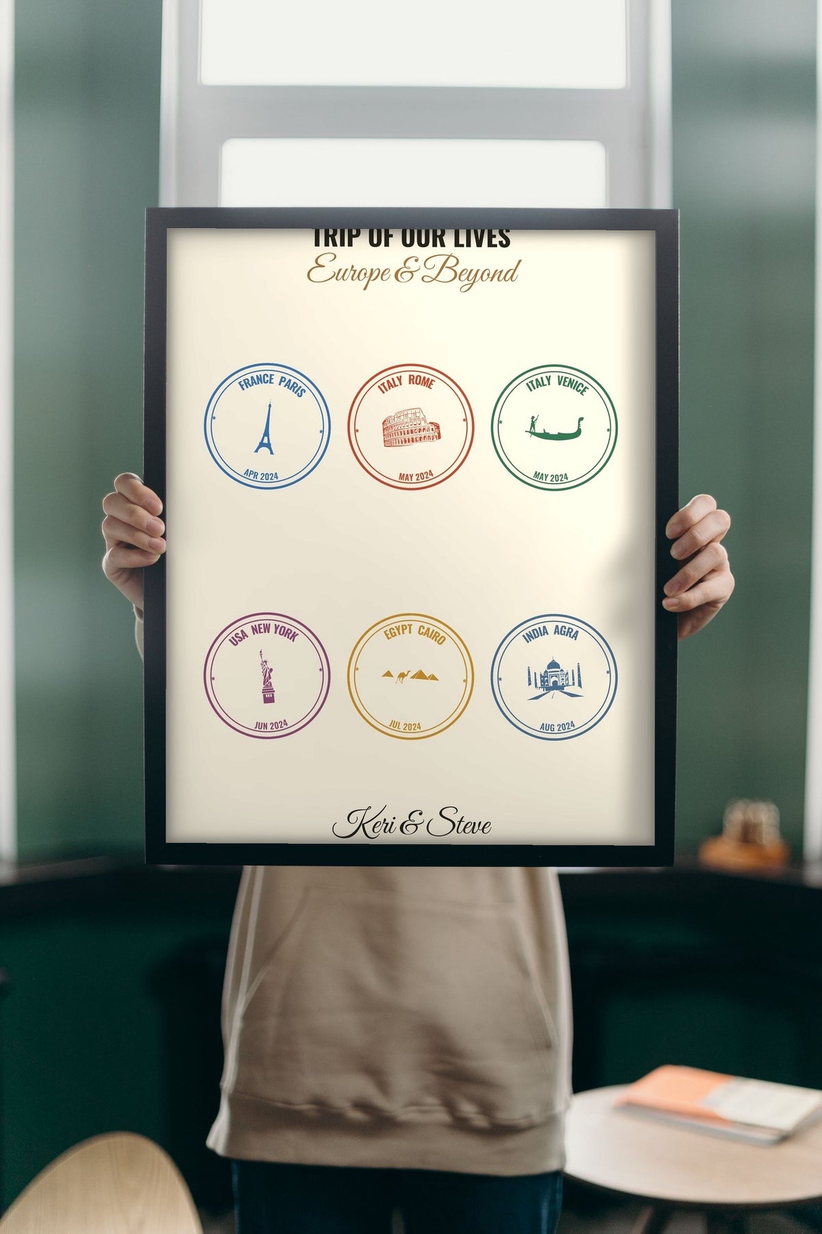 Lifestyle - Personalised Passport Stamp Print held up in a bright room