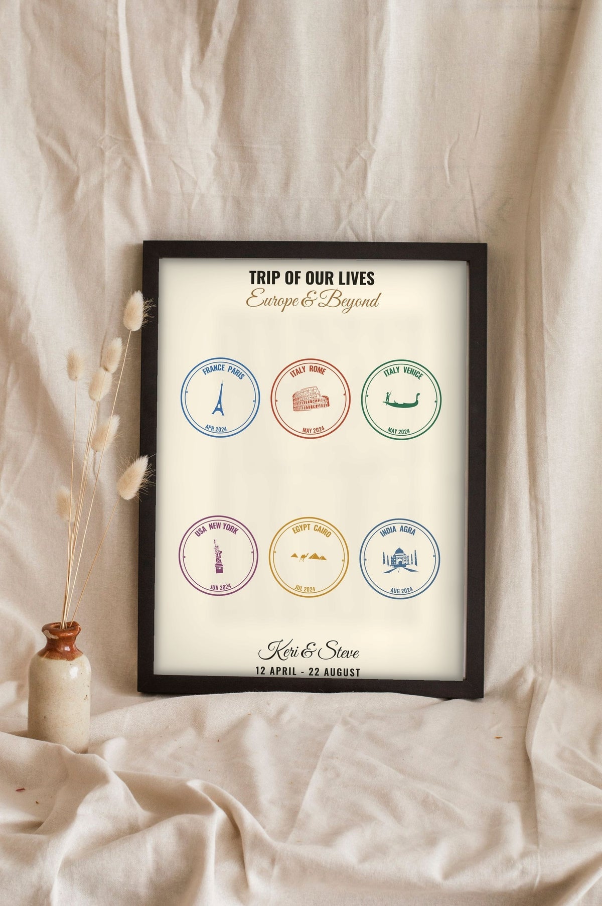 Lifestyle - Personalised Passport Stamp Print leaning in a frame with dried flowers