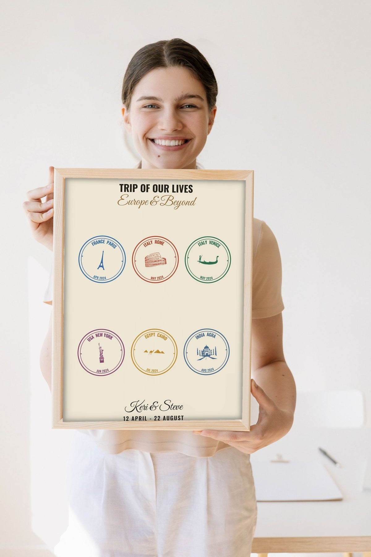 Lifestyle - Personalised Passport Stamp Print held by a smiling woman