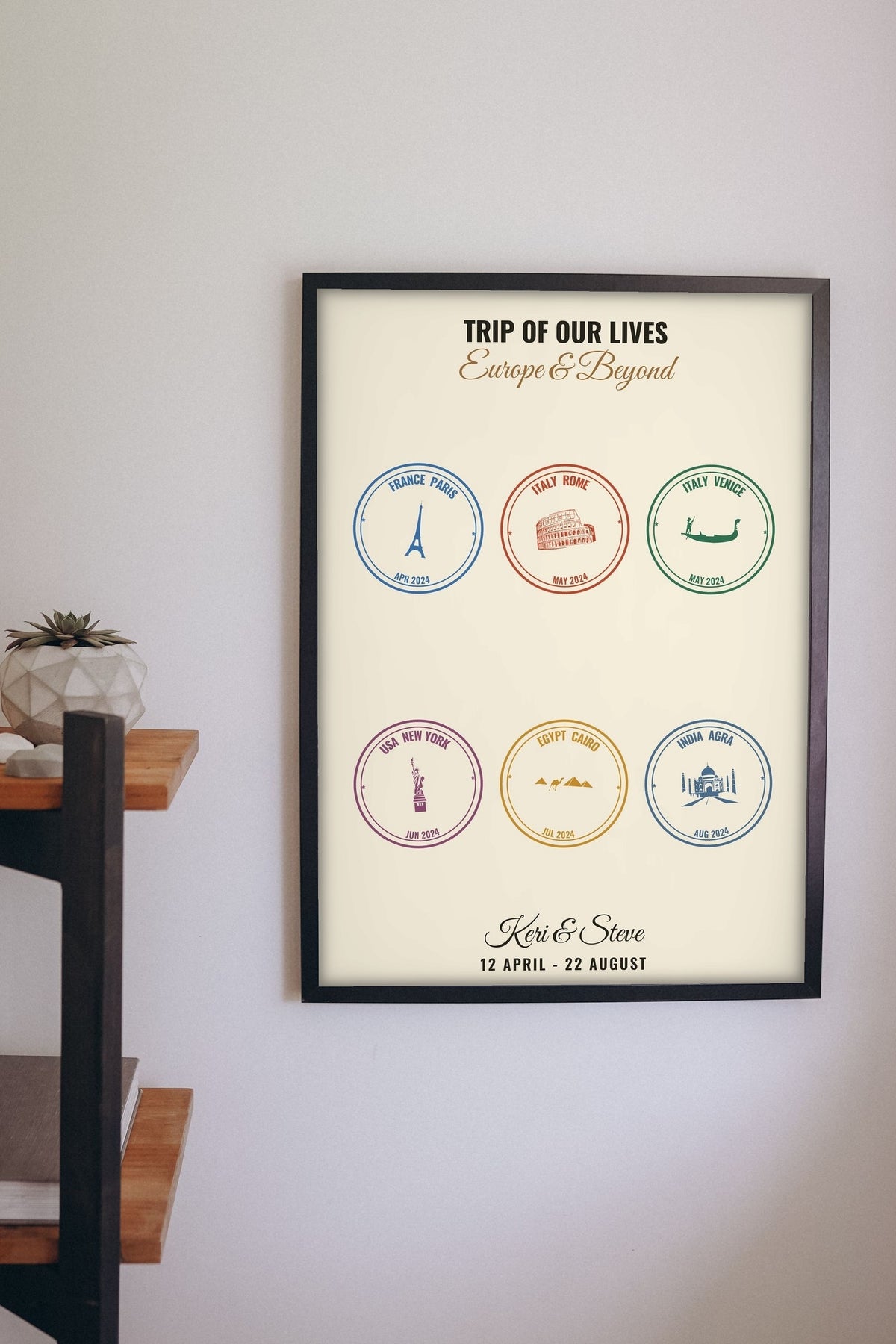 Lifestyle - Personalised Passport Stamp Print hanging on a living room wall