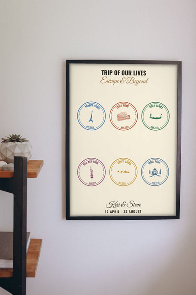 Lifestyle - Personalised Passport Stamp Print hanging on a living room wall