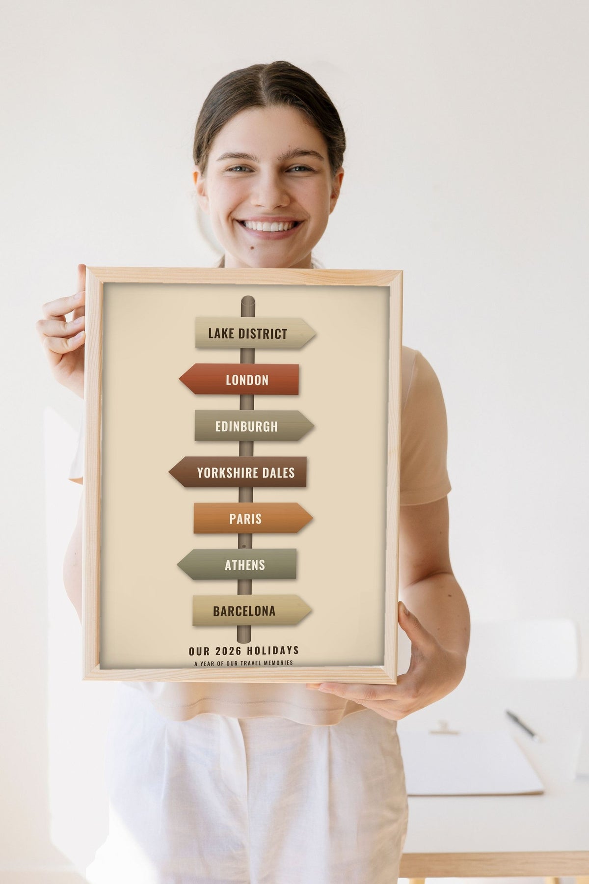 Lifestyle - Personalised Travel Signpost Print held by a smiling woman