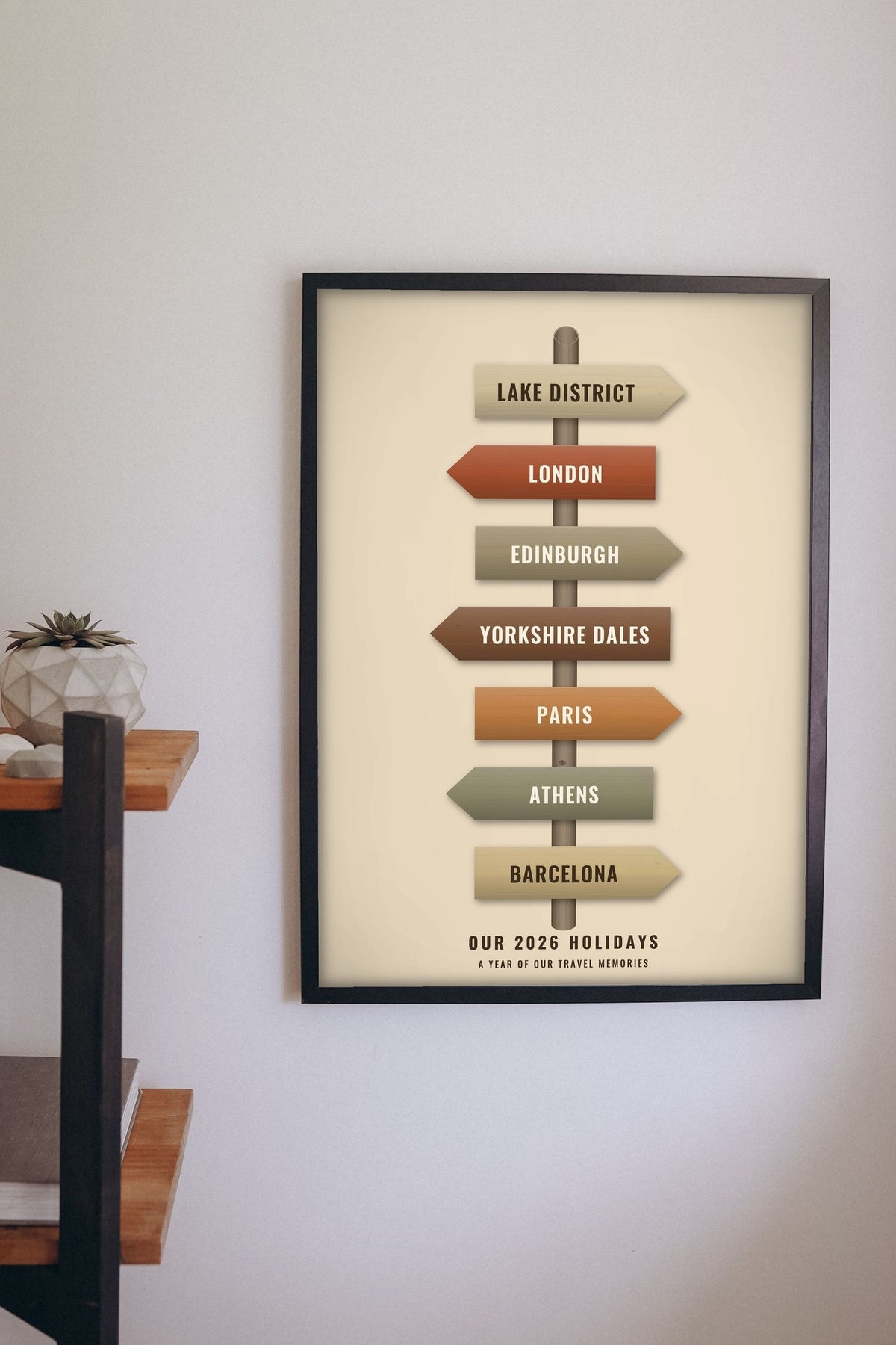Lifestyle - Personalised Travel Signpost Print hanging on a living room wall