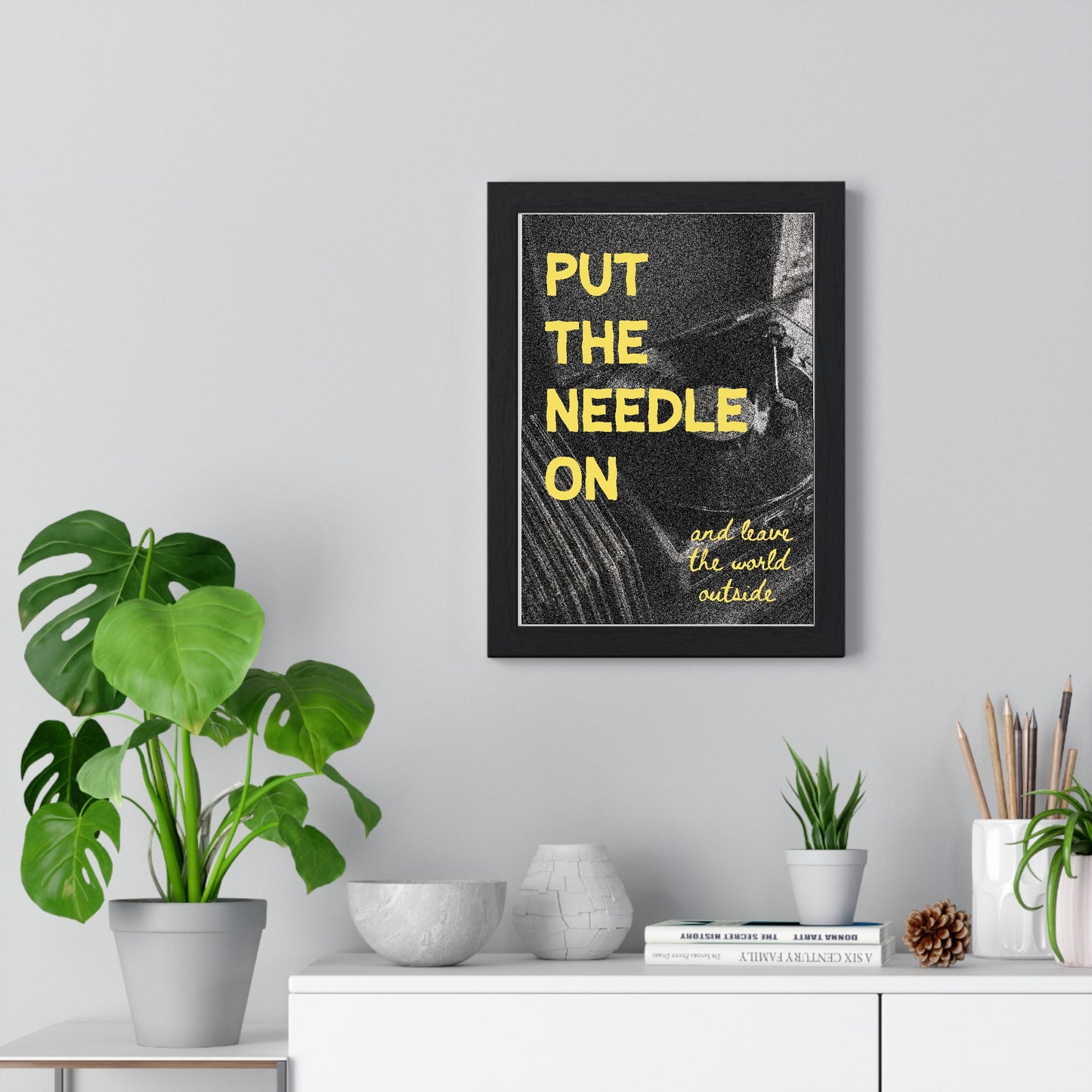 03 Vinyl Records music poster framed on living room wall