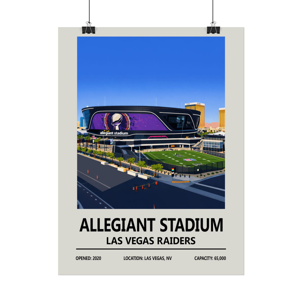 Framed Allegiant Stadium Las Vegas Raiders poster on wall