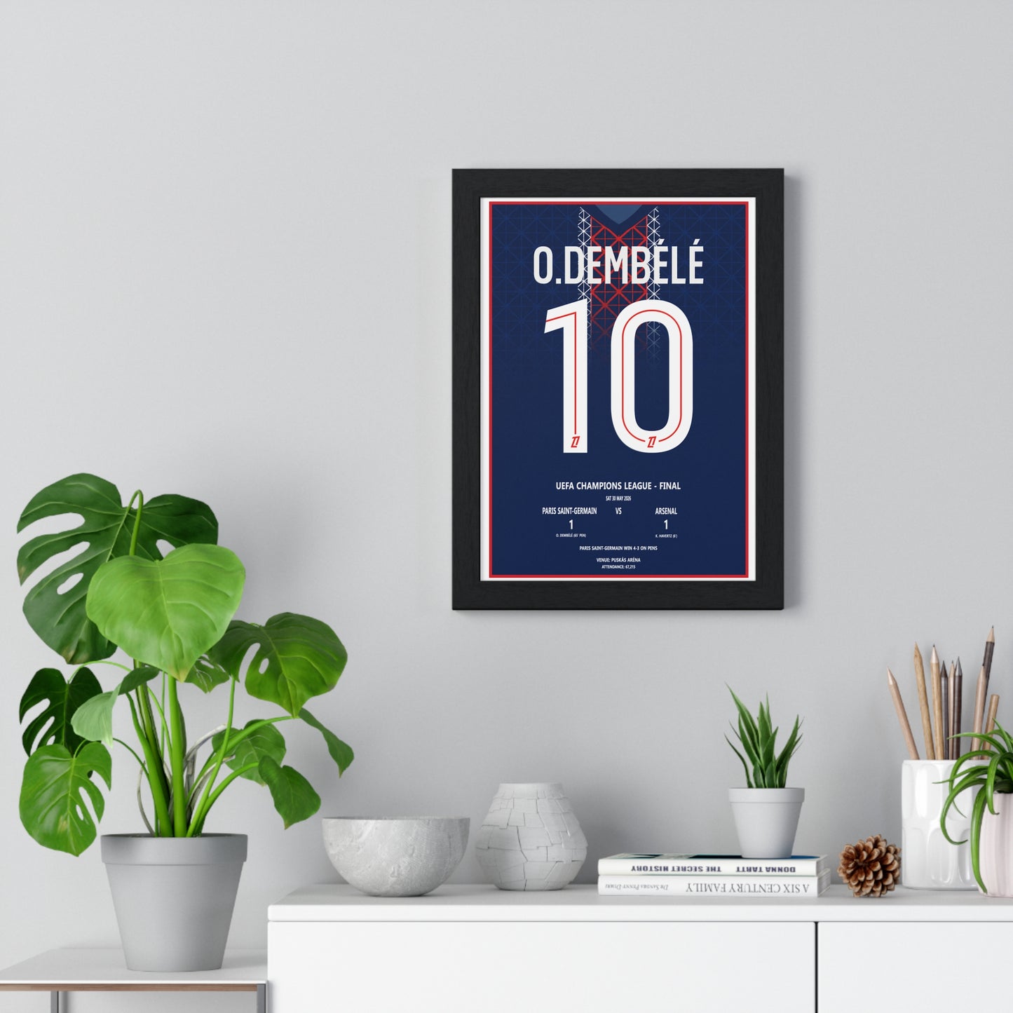 PSG Champions League Final 2026 Dembele 10 poster shown framed on wall
