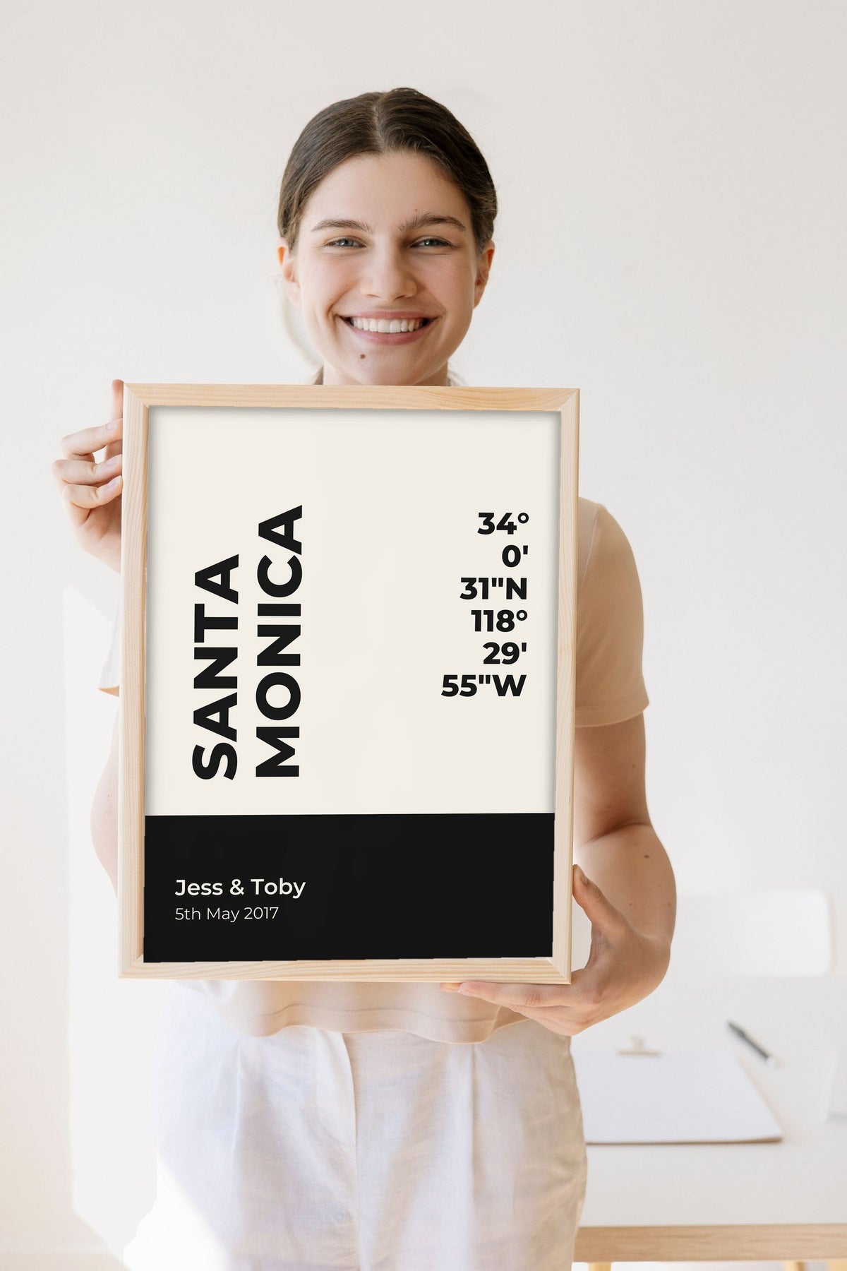 Lifestyle - Personalised Coordinates Print held by a smiling woman