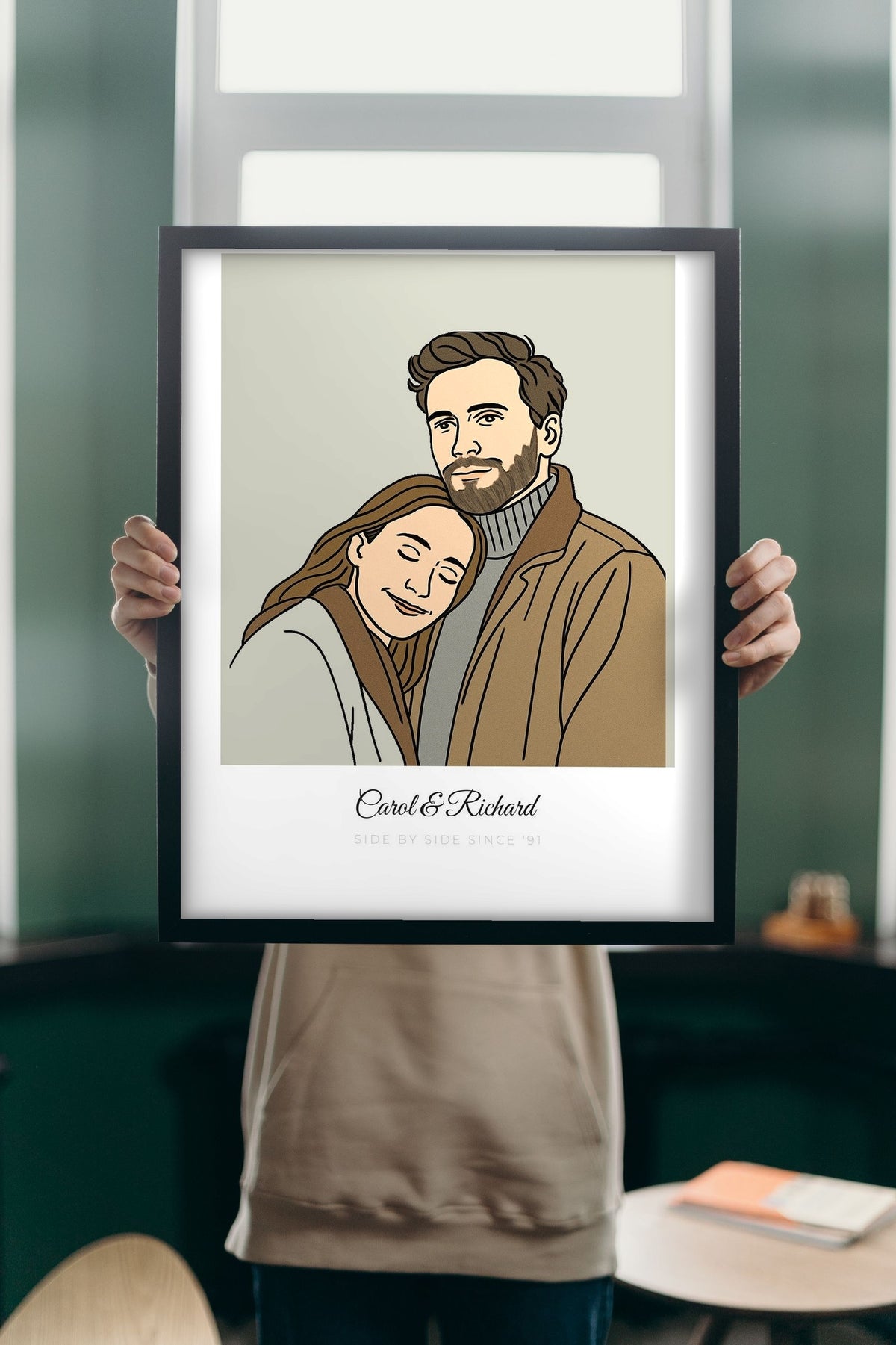 Lifestyle - Personalised Couples Line Portrait Print held up in a bright room