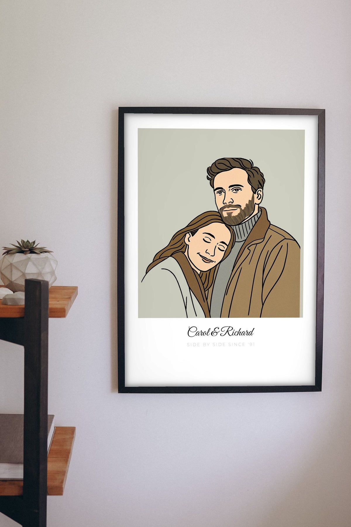 Lifestyle - Personalised Couples Line Portrait Print hanging on a living room wall