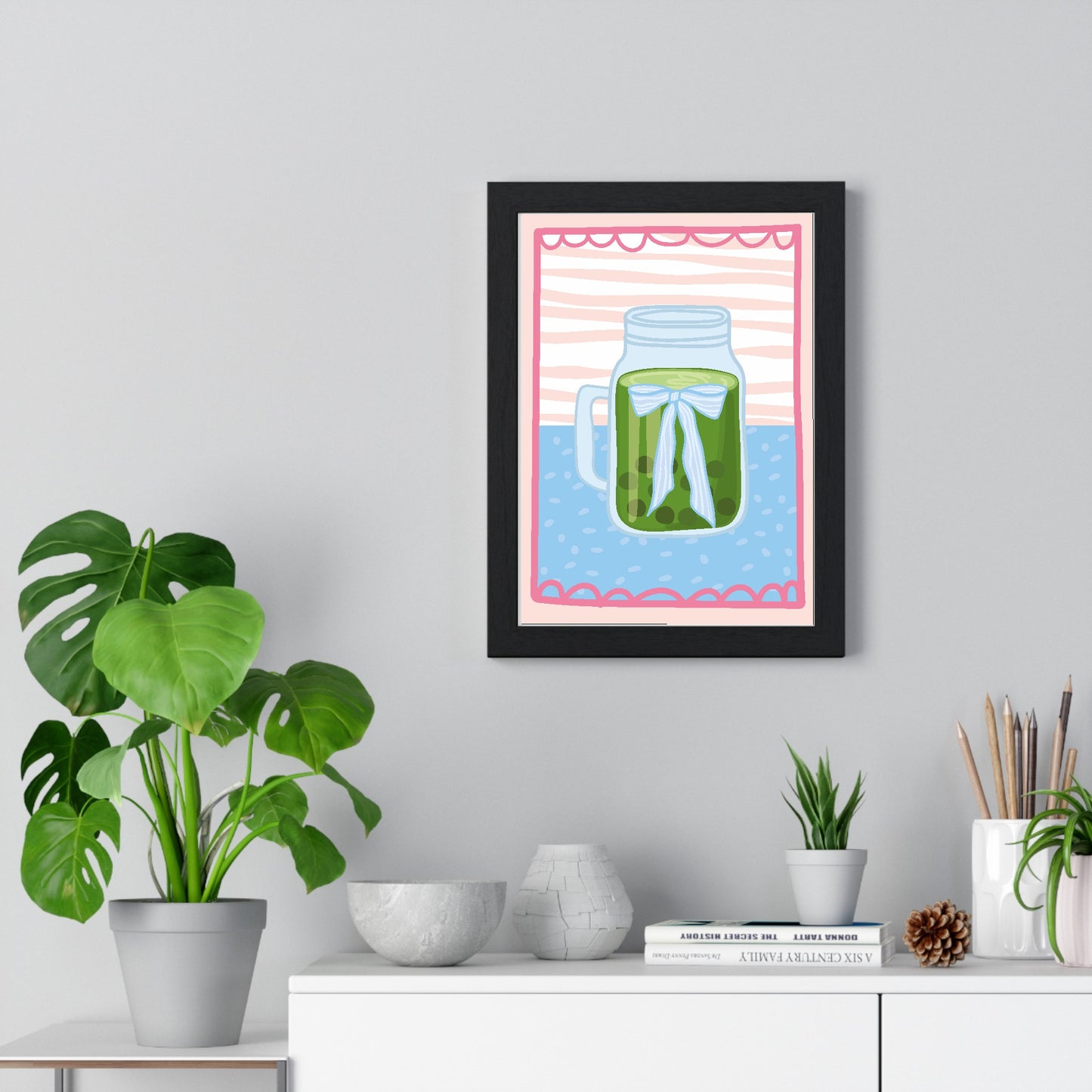 Matcha bubble tea poster framed on living room wall