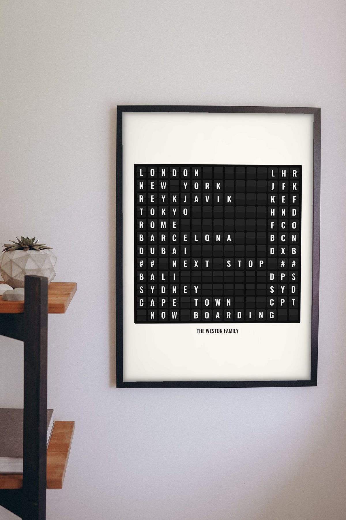 Lifestyle - Personalised Airport Destination Board Print hanging on a living room wall