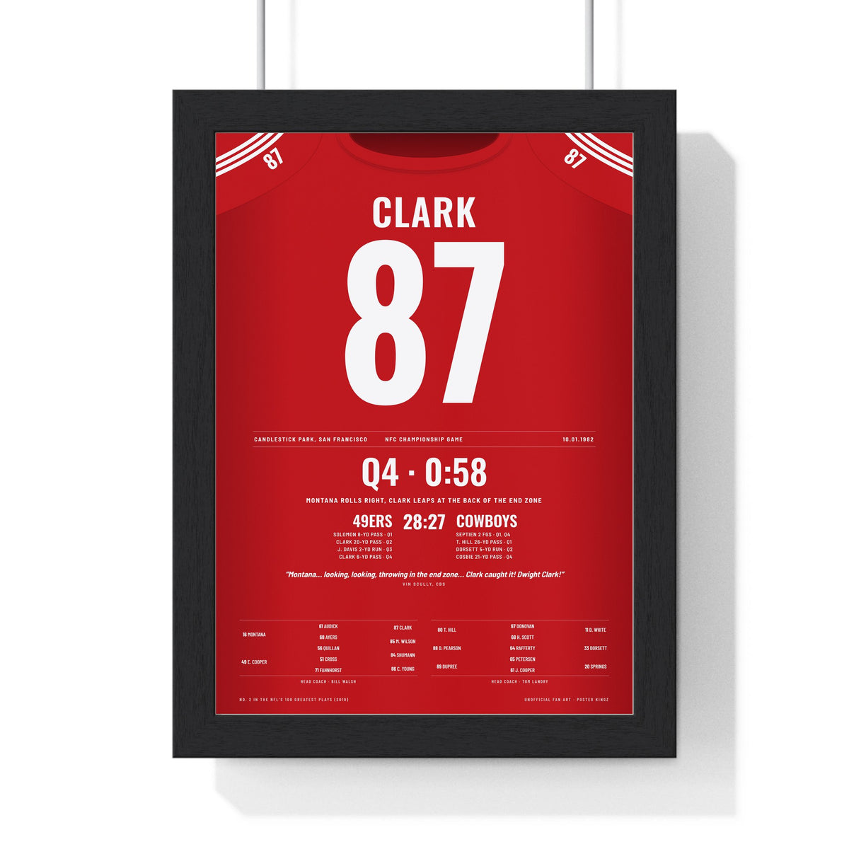 San Francisco 49ers 1982 NFC Championship Poster - Dwight Clark 87 Catch Jersey Print framed in a black frame, ready to hang