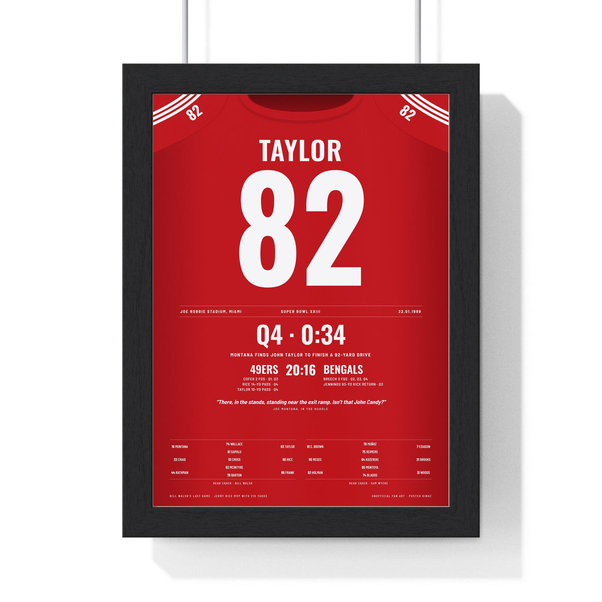 San Francisco 49ers Super Bowl XXIII Poster - John Taylor 82 Winning Touchdown Jersey Print framed in a black frame, ready to hang