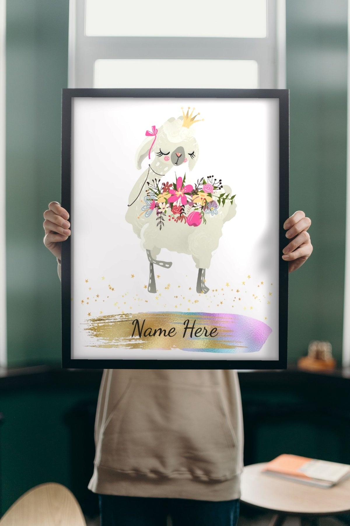 Lifestyle - Personalised Llama Print held up in a bright room