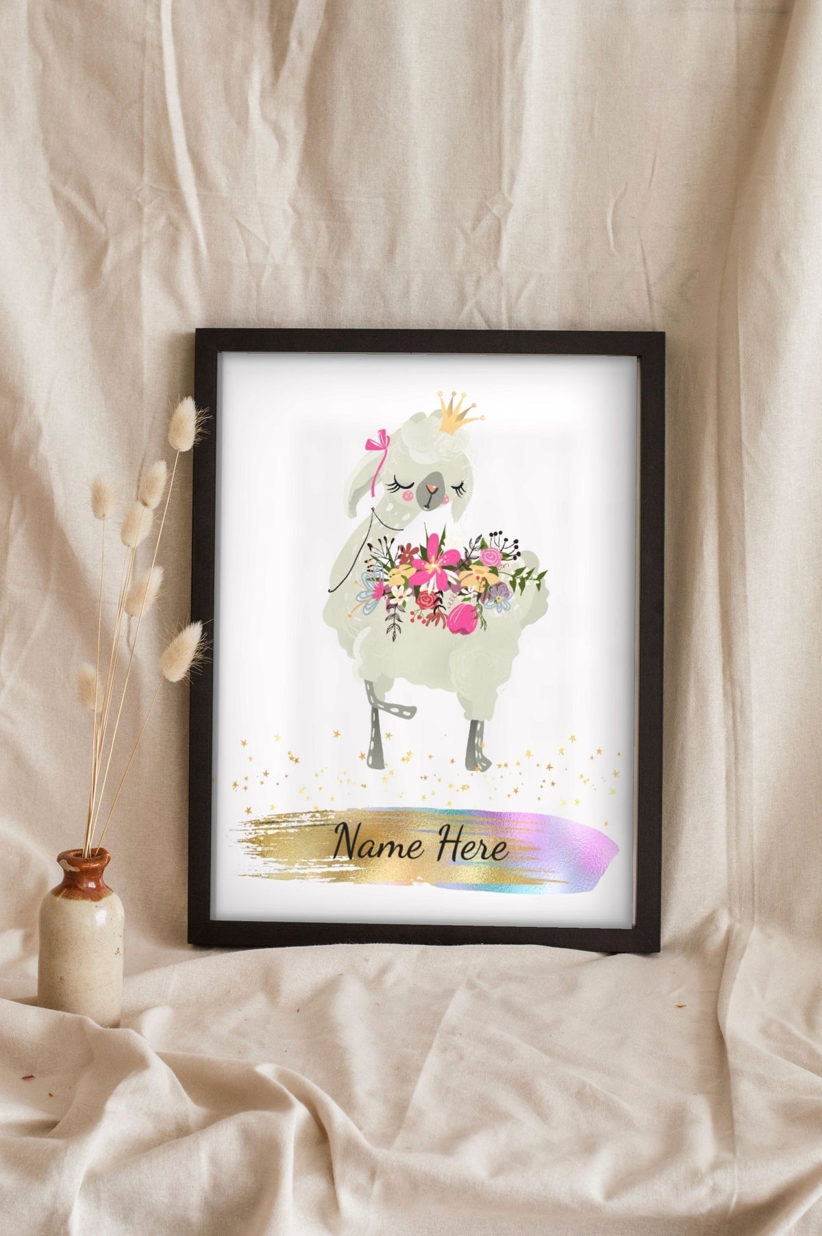 Lifestyle - Personalised Llama Print leaning in a frame with dried flowers