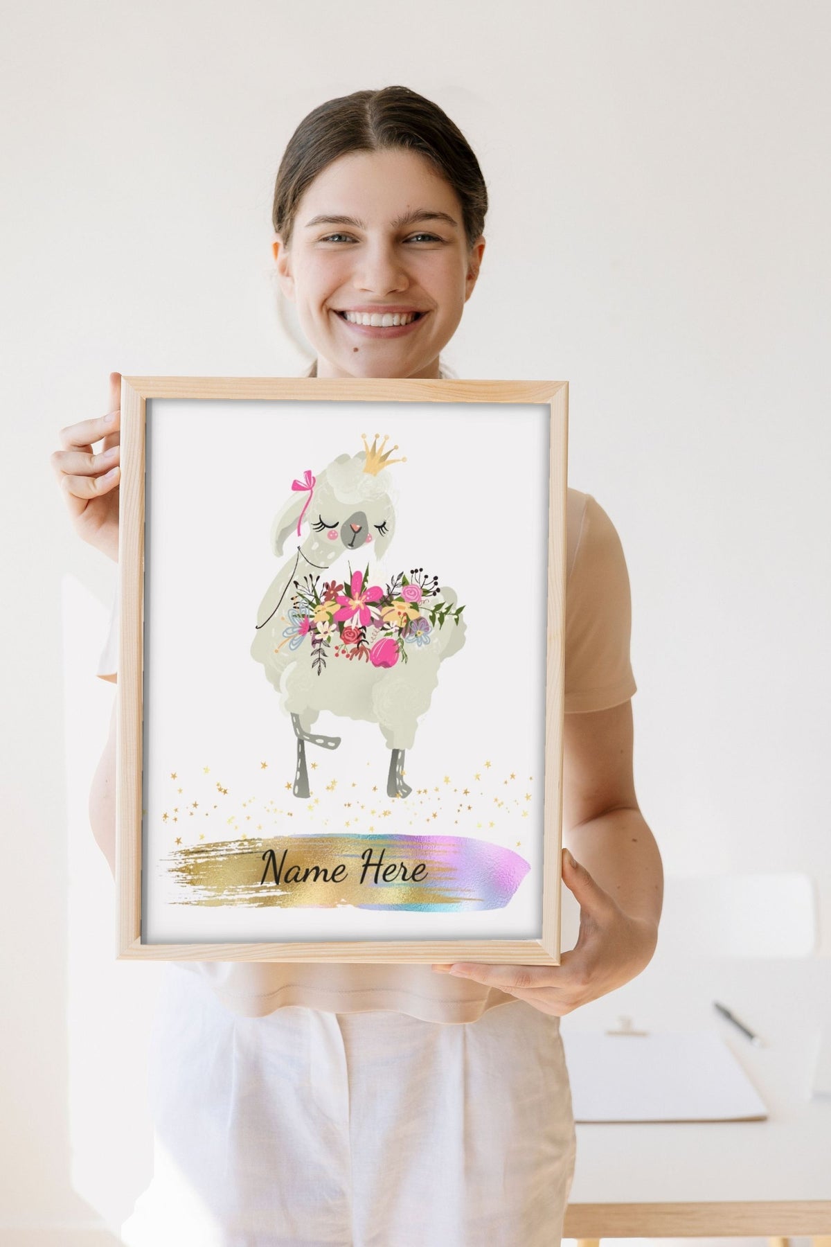 Lifestyle - Personalised Llama Print held by a smiling woman