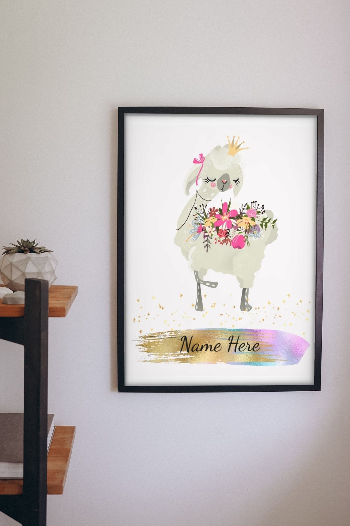 Lifestyle - Personalised Llama Print hanging on a living room wall