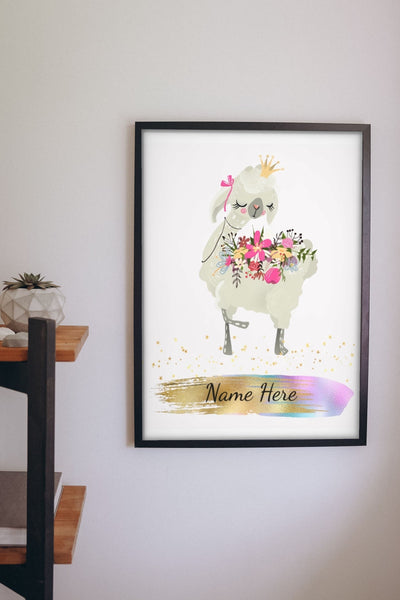 Lifestyle - Personalised Llama Print hanging on a living room wall