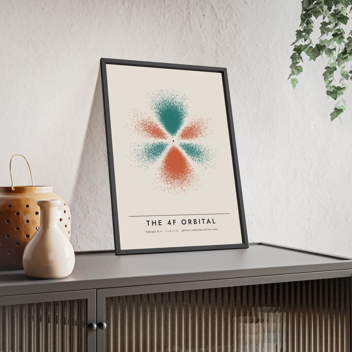 4f Orbital print framed and leaning on a sideboard