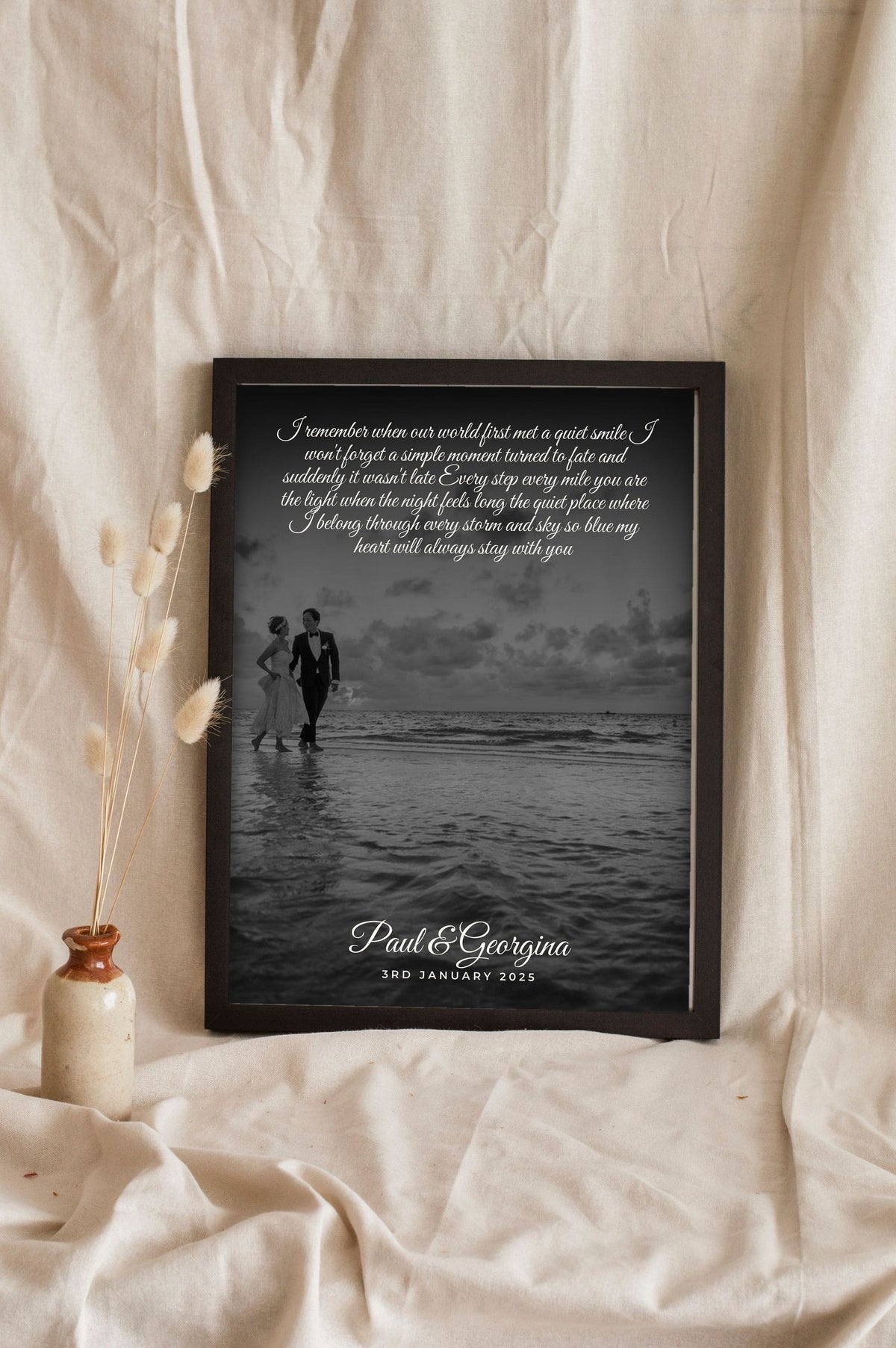 Lifestyle - Personalised Couple Song Lyrics Photo Print leaning in a frame with dried flowers