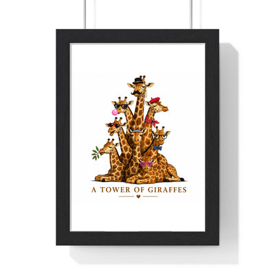 A Tower of Giraffes poster framed in black wood with perspex front