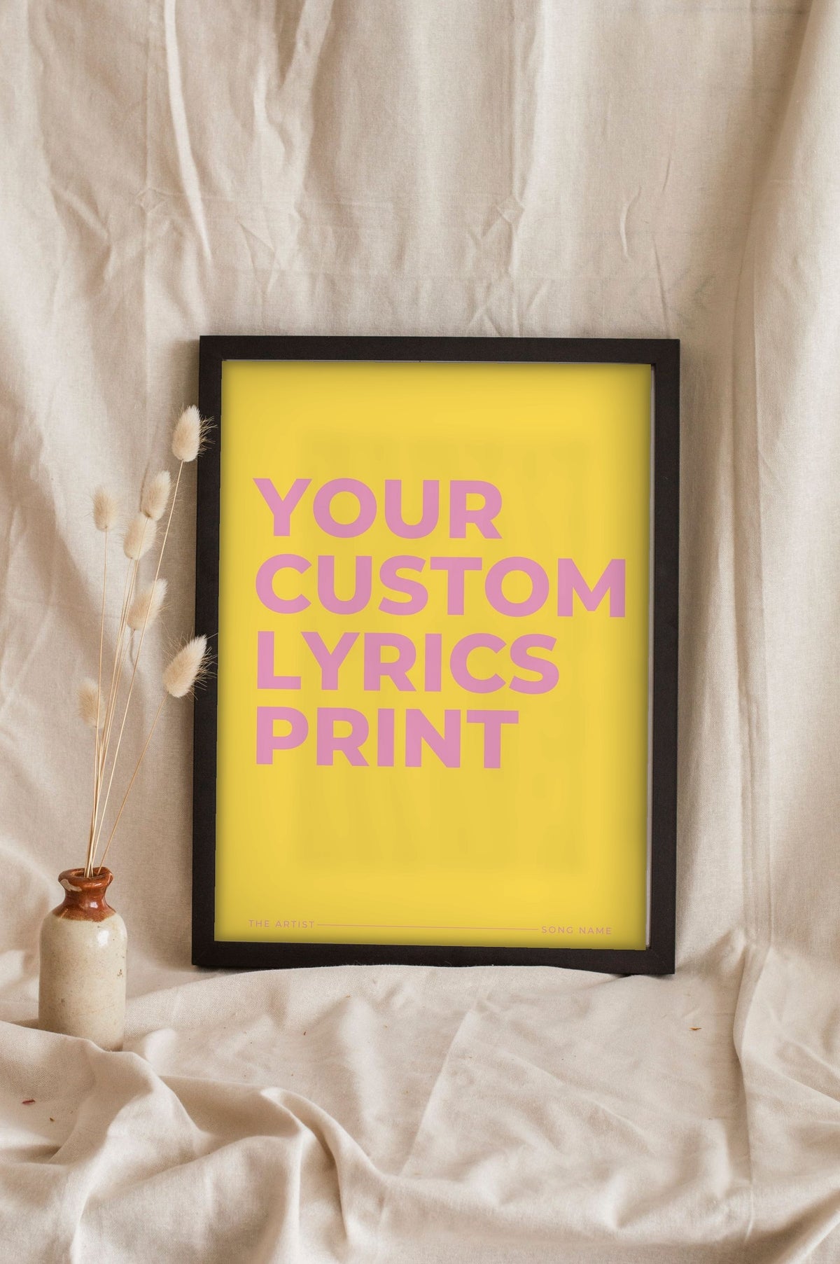 Lifestyle - Personalised Song Lyrics Print leaning in a frame with dried flowers