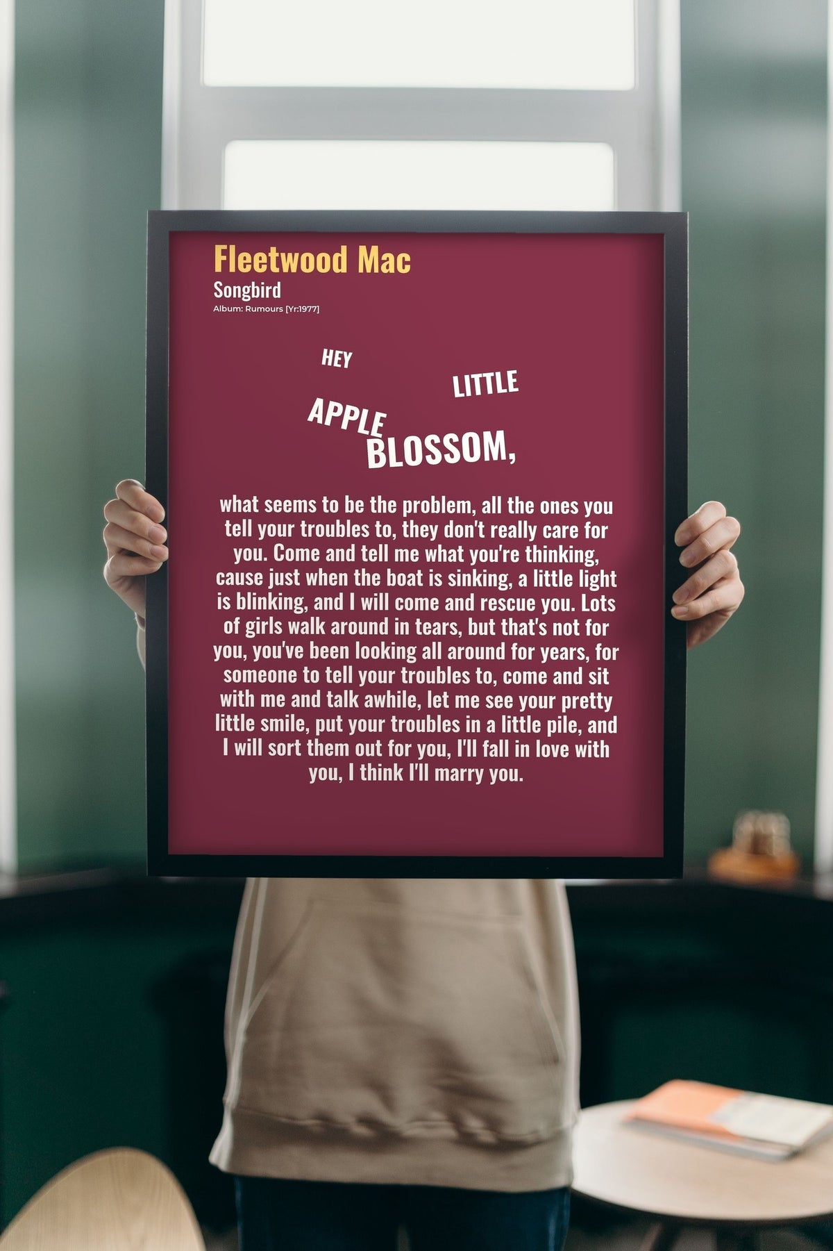 Lifestyle - Personalised Song Lyrics Print held up in a bright room