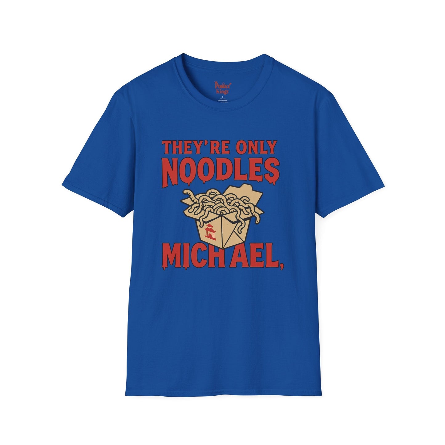 White t-shirt with They're Only Noodles Michael Horror Movie Parody