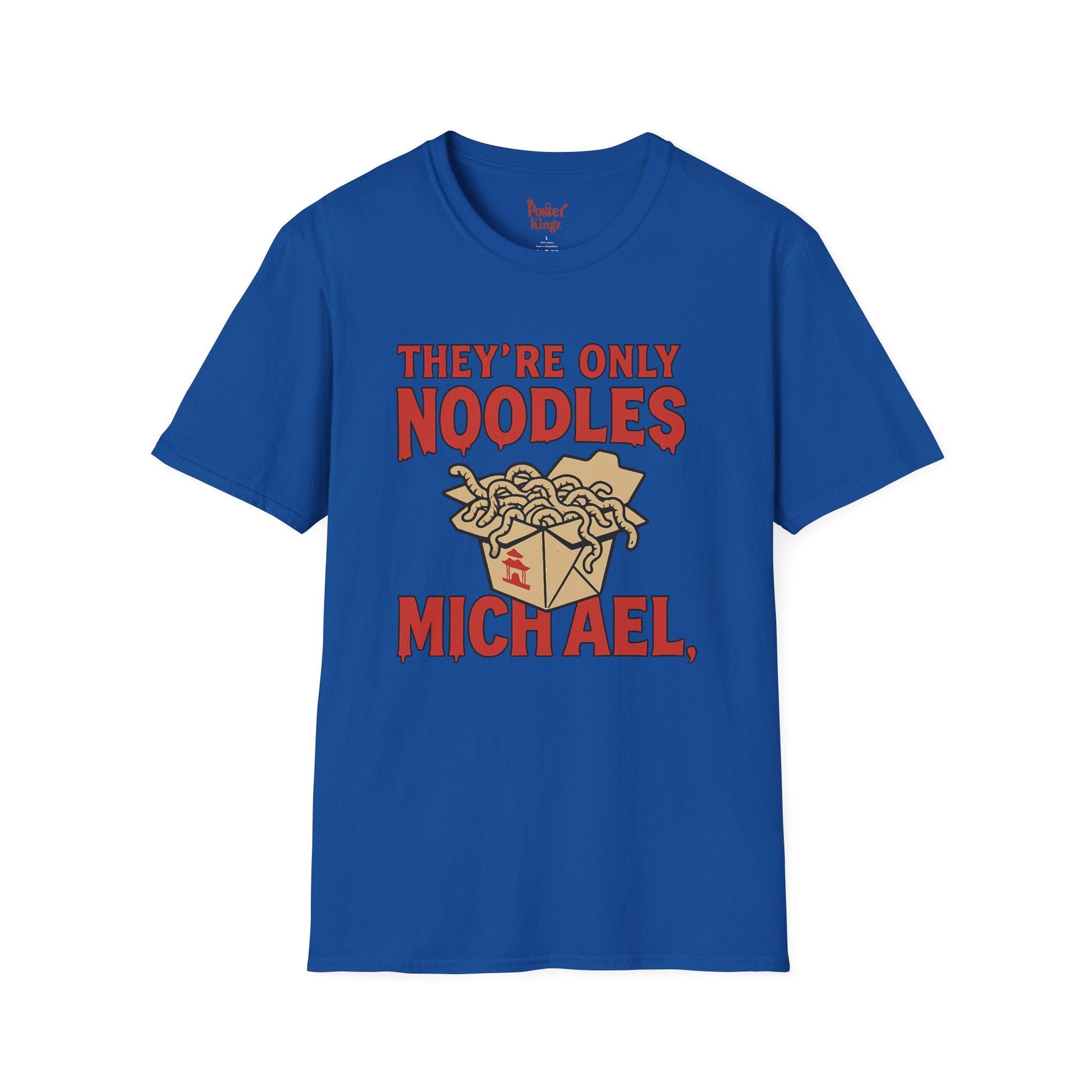 White t-shirt with They're Only Noodles Michael Horror Movie Parody