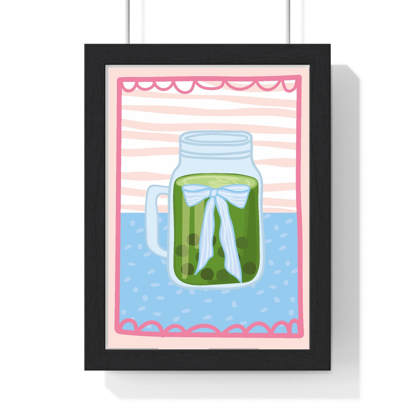 Matcha bubble tea poster in black wood frame