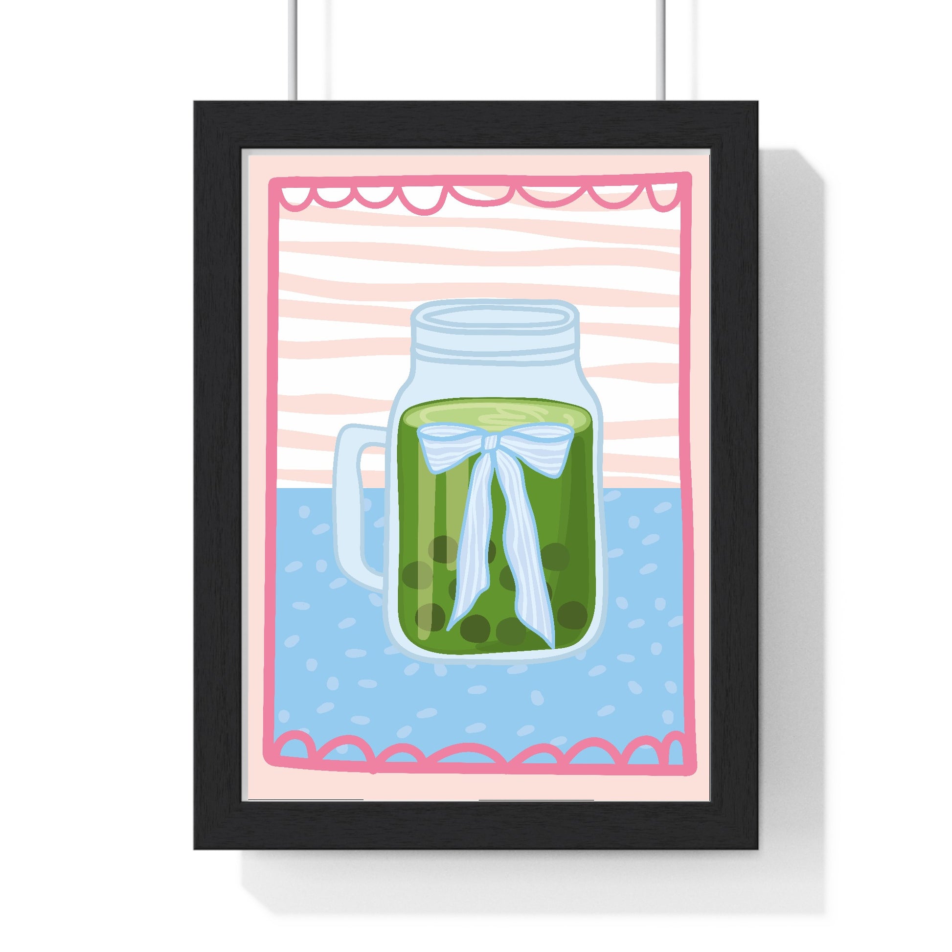 Matcha bubble tea poster in black wood frame