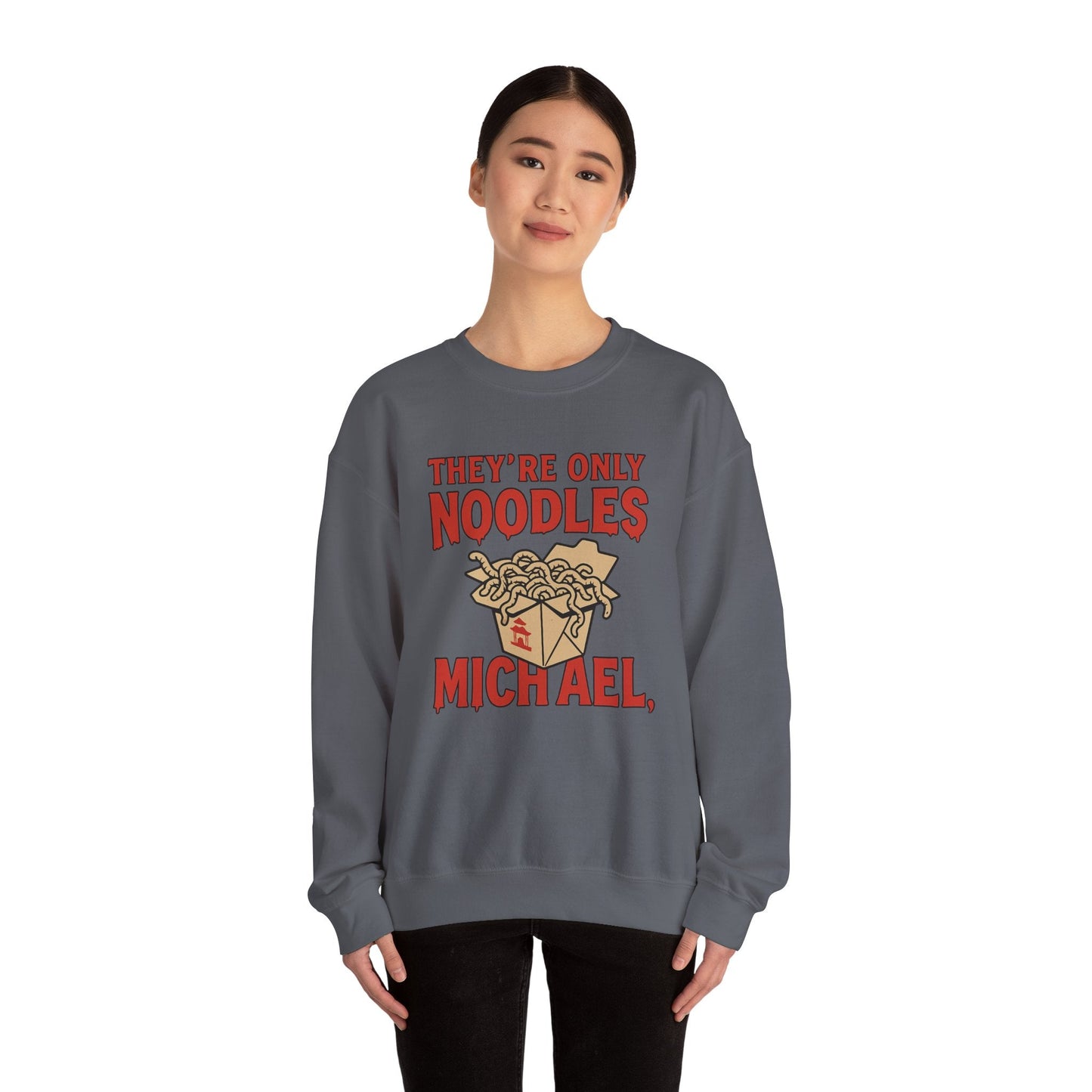 Black t-shirt with They're Only Noodles Michael Sweatshirt Horror Movie Parody