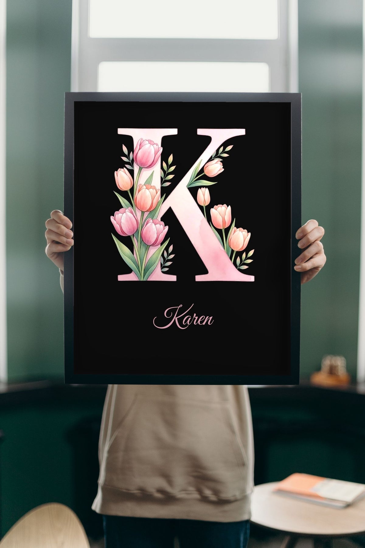 Lifestyle - Personalised Floral Initial Print held up in a bright room