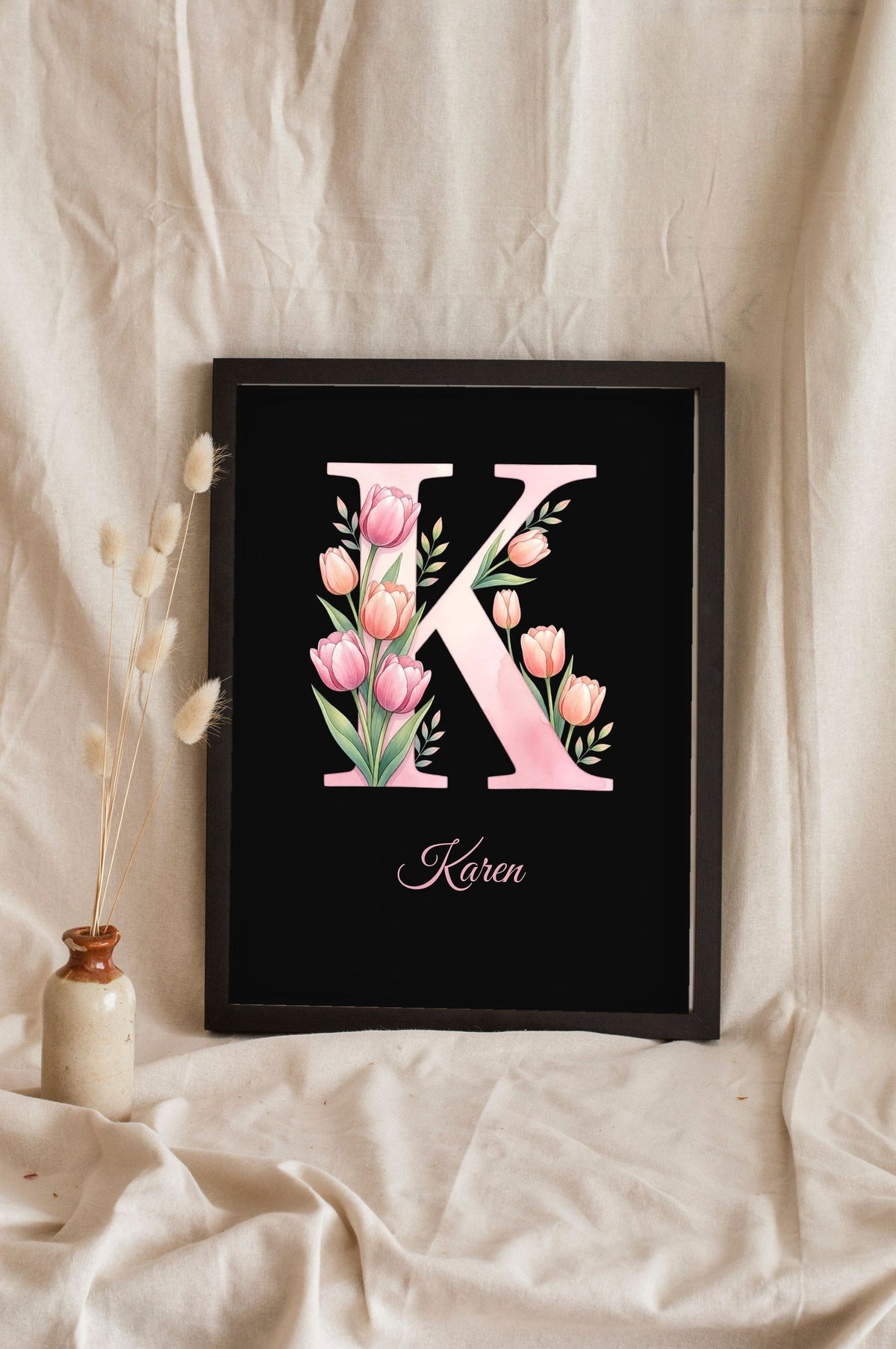 Lifestyle - Personalised Floral Initial Print leaning in a frame with dried flowers