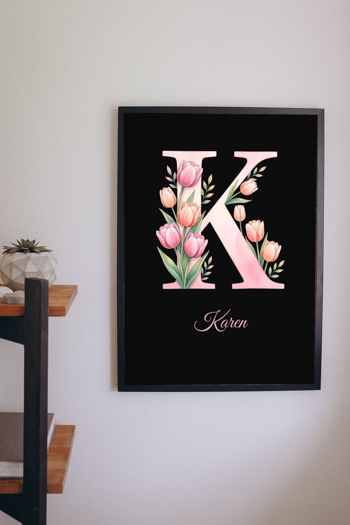 Lifestyle - Personalised Floral Initial Print hanging on a living room wall