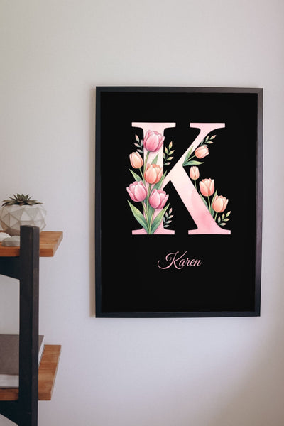 Lifestyle - Personalised Floral Initial Print hanging on a living room wall