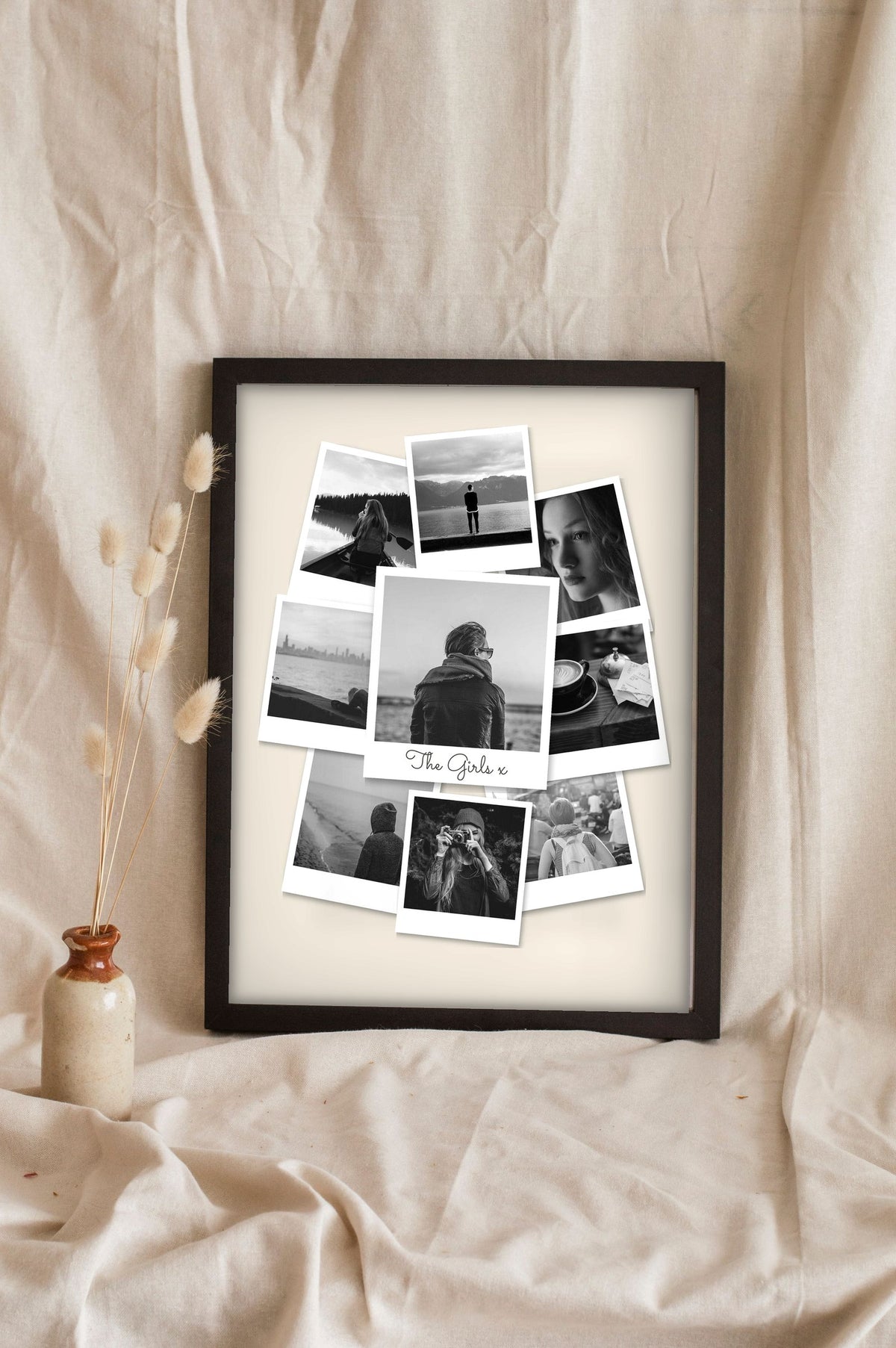 Lifestyle - Personalised Polaroid Photo Collage Print leaning in a frame with dried flowers