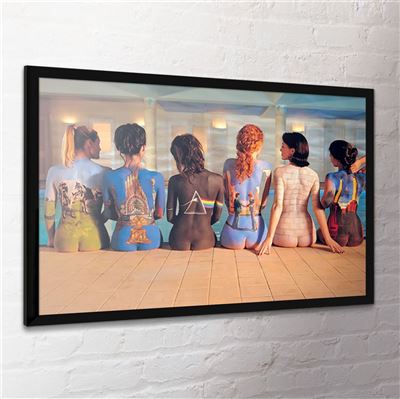 Close-up of Pink Floyd Back Catalogue poster with Dark Side of the Moon prism body paint