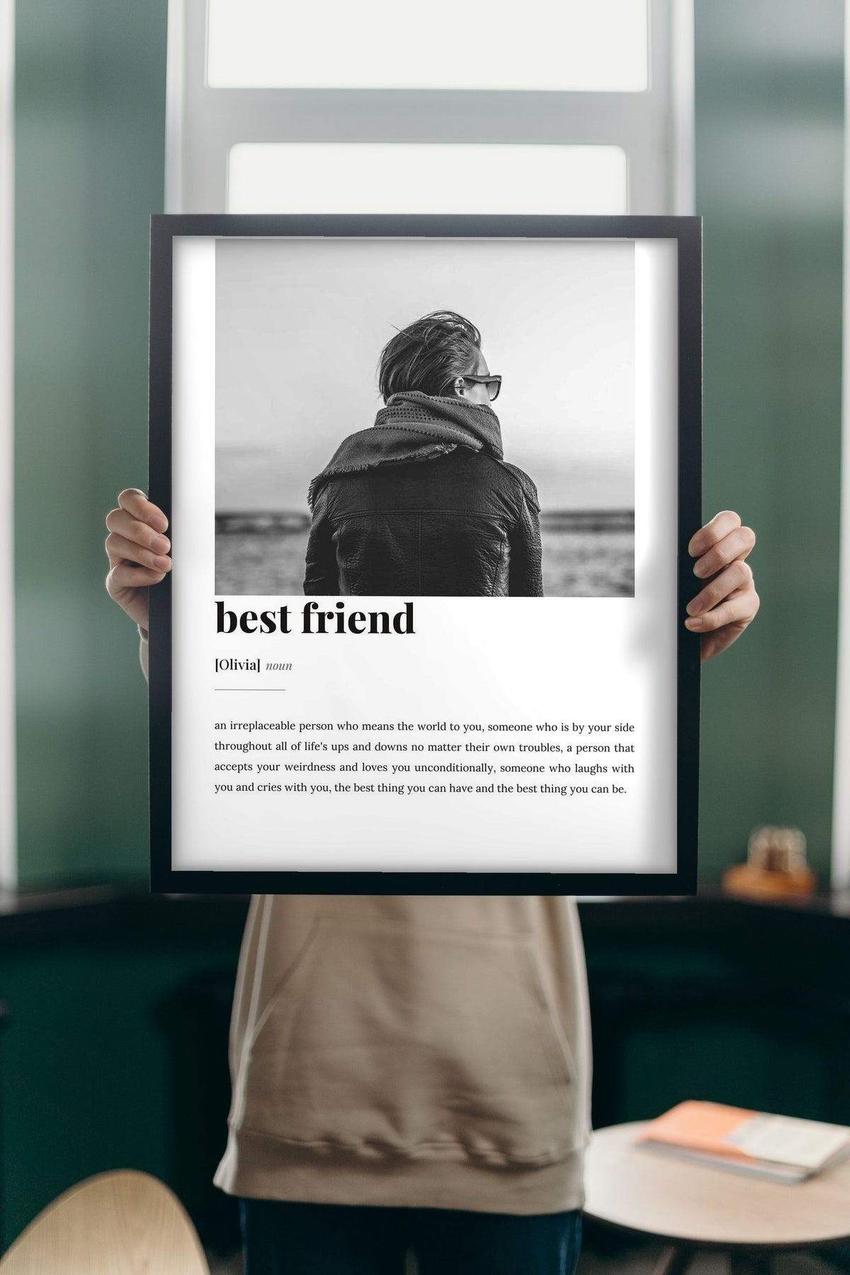 Lifestyle - Personalised Best Friend Definition Print held up in a bright room