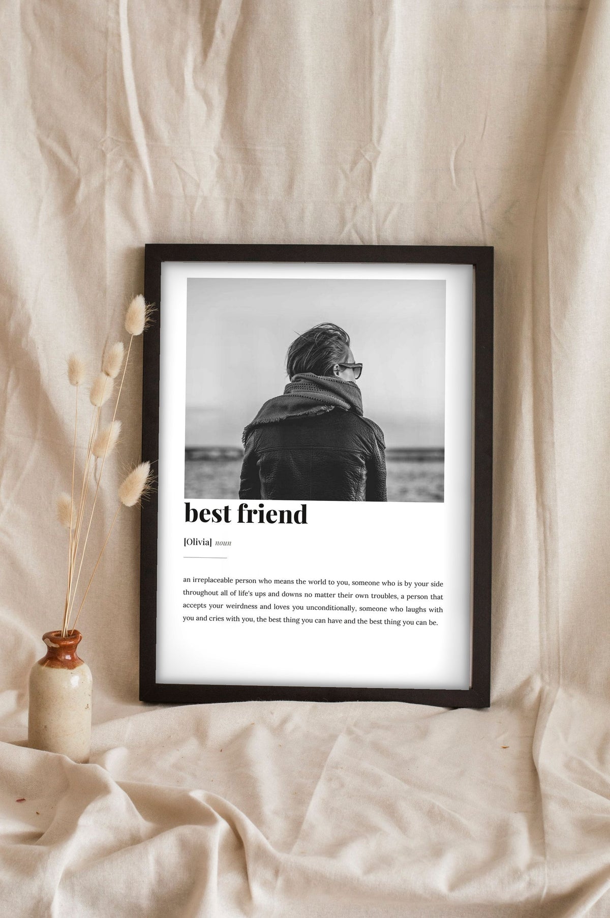 Lifestyle - Personalised Best Friend Definition Print leaning in a frame with dried flowers
