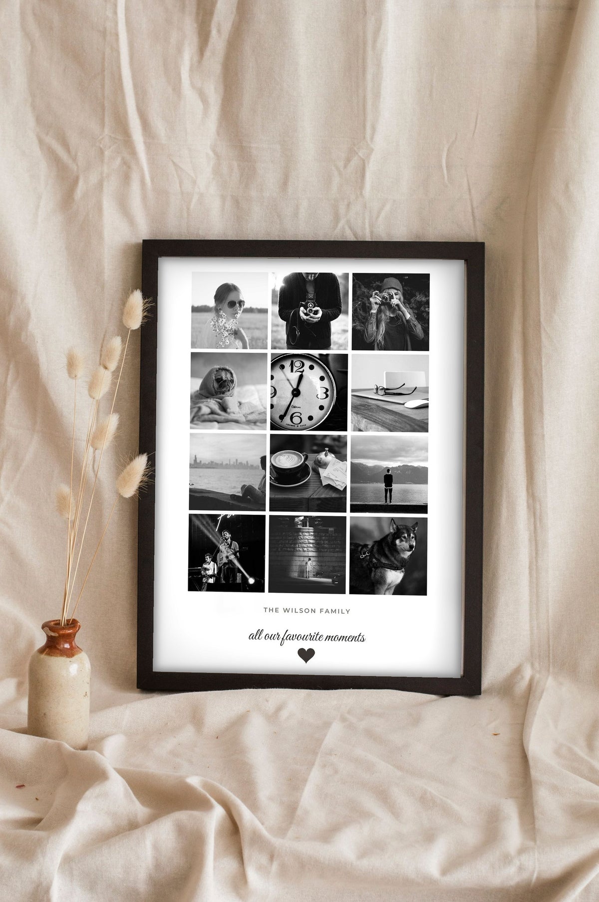 Lifestyle - Personalised Photo Collage Print leaning in a frame with dried flowers