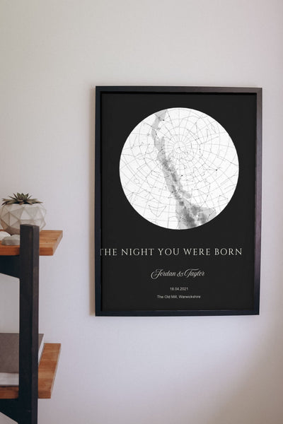 Lifestyle - Personalised The Night You Were Born Star Map Print – Black hanging on a living room wall