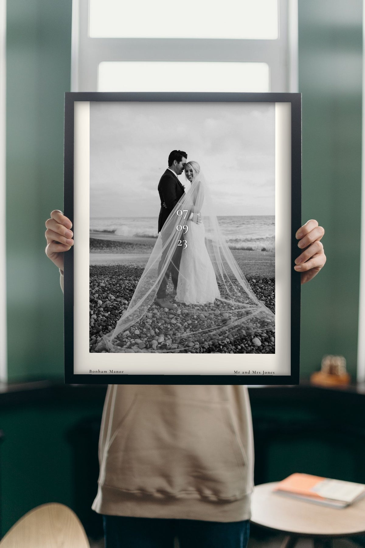 Lifestyle - Personalised Wedding Photo Print With Date held up in a bright room
