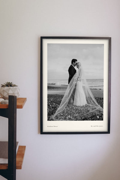 Lifestyle - Personalised Wedding Photo Print With Date hanging on a living room wall
