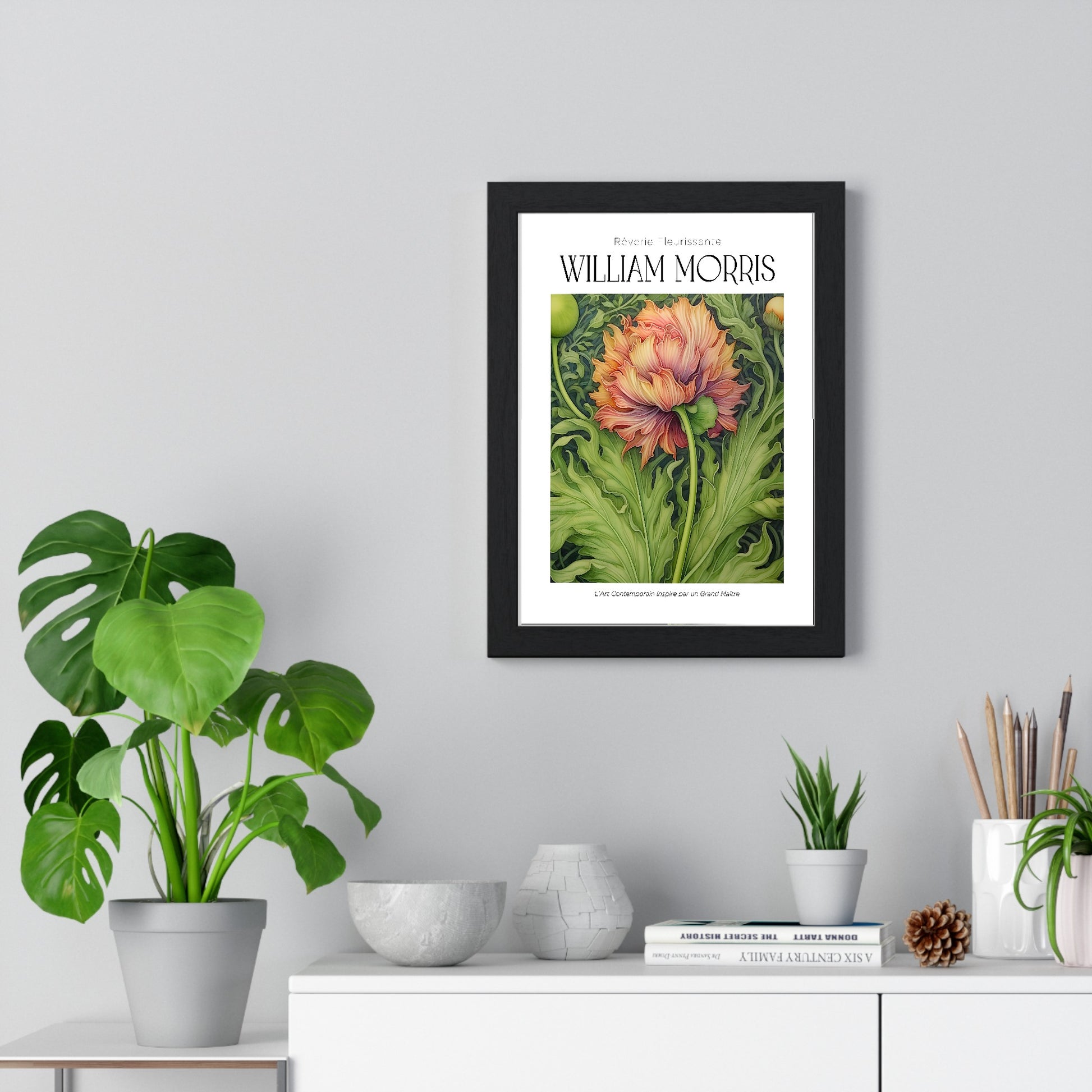 11x14-06 poster framed on living room wall above console table, bold contemporary print