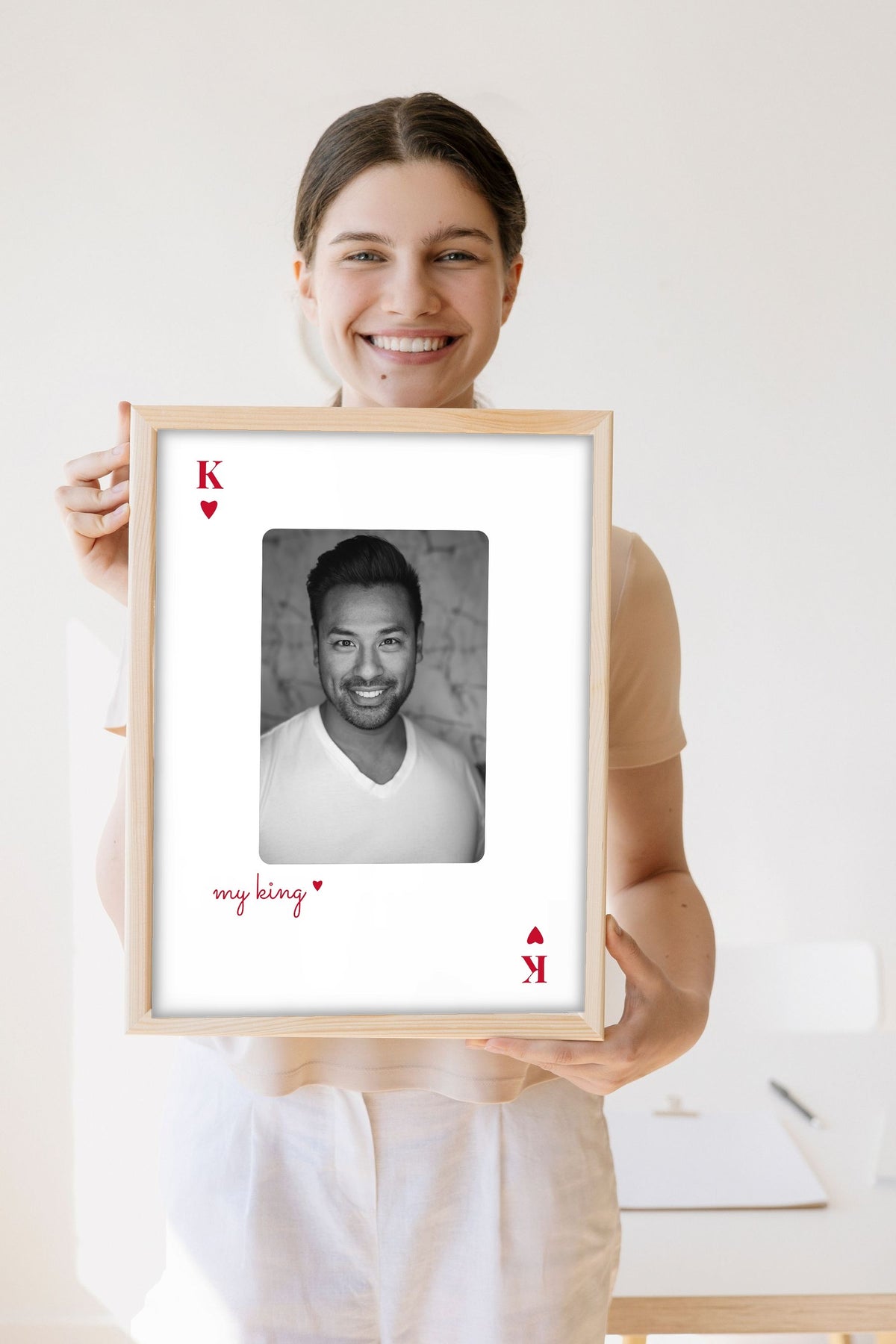 Lifestyle - Personalised Couples Playing Card Photo Print held by a smiling woman
